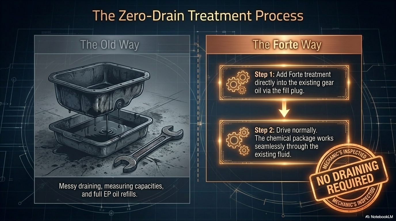 The zero drain treatment process — showing how to add Forte Diff & Gear Treatment via the filler plug to the existing gear oil with no draining required