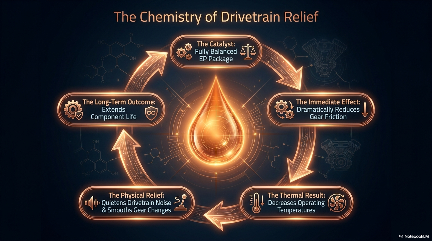 The chemistry of drivetrain relief — showing how Forte Diff & Gear Treatment's supplementary gear oil package restores the anti-wear protection and viscosity stability that degraded gear oil has lost