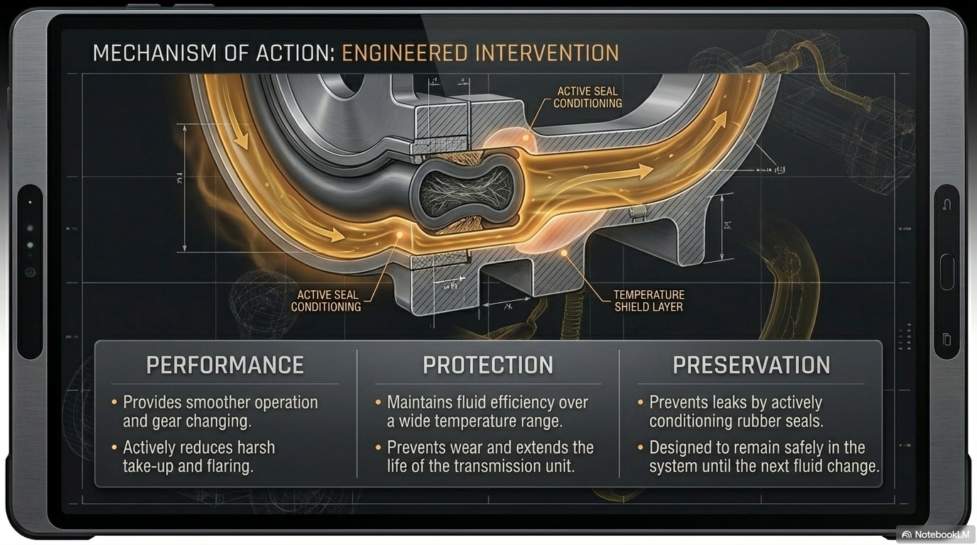 Mechanism of action — engineered intervention. Showing how Forte Automatic Transmission Treatment restores viscosity friction modifier and anti-wear properties to degraded transmission fluid to smooth gear changes and protect the transmission.