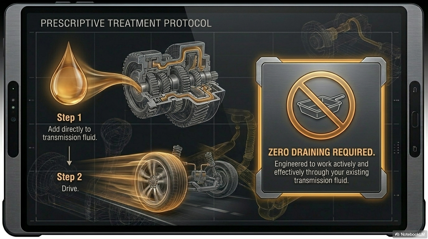 Prescriptive treatment protocol — showing how to add Forte Automatic Transmission Treatment to the transmission fluid via the dipstick tube with no draining required