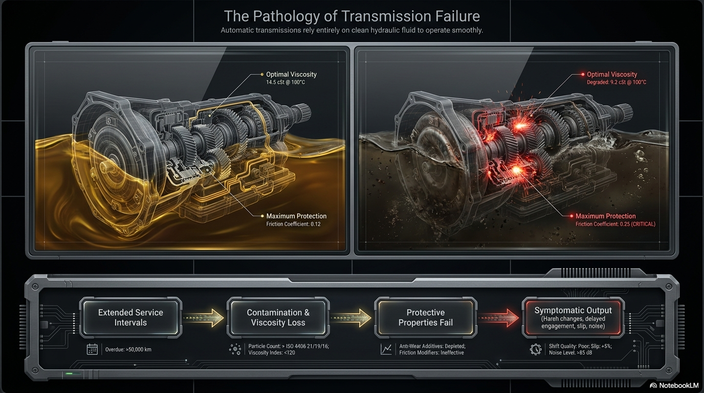 The pathology of transmission failure — showing how automatic transmission fluid degrades over time, losing viscosity friction modifier and anti-wear properties, causing progressive deterioration in gear change quality