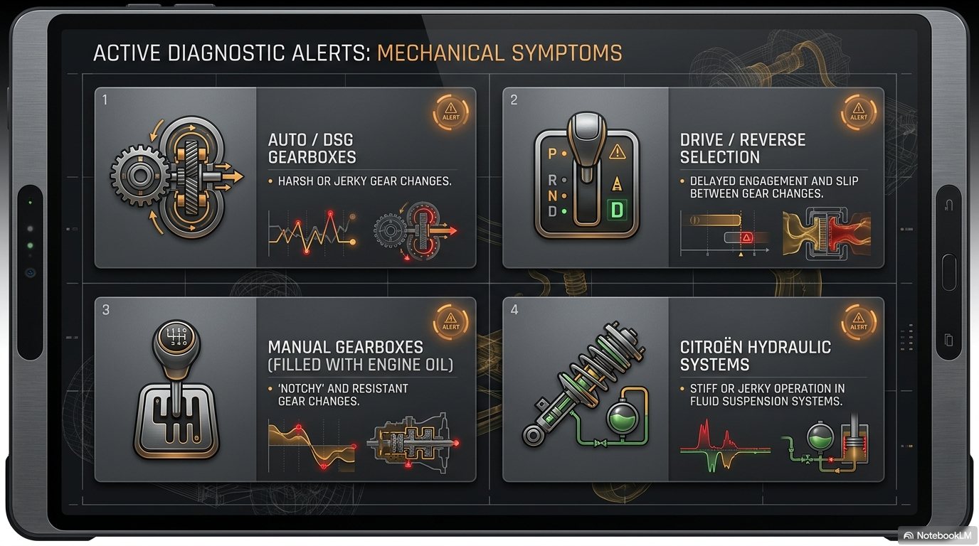 Active diagnostic alerts — mechanical symptoms of automatic transmission fluid degradation including harsh gear changes, delayed engagement, slip between changes and fluid foaming