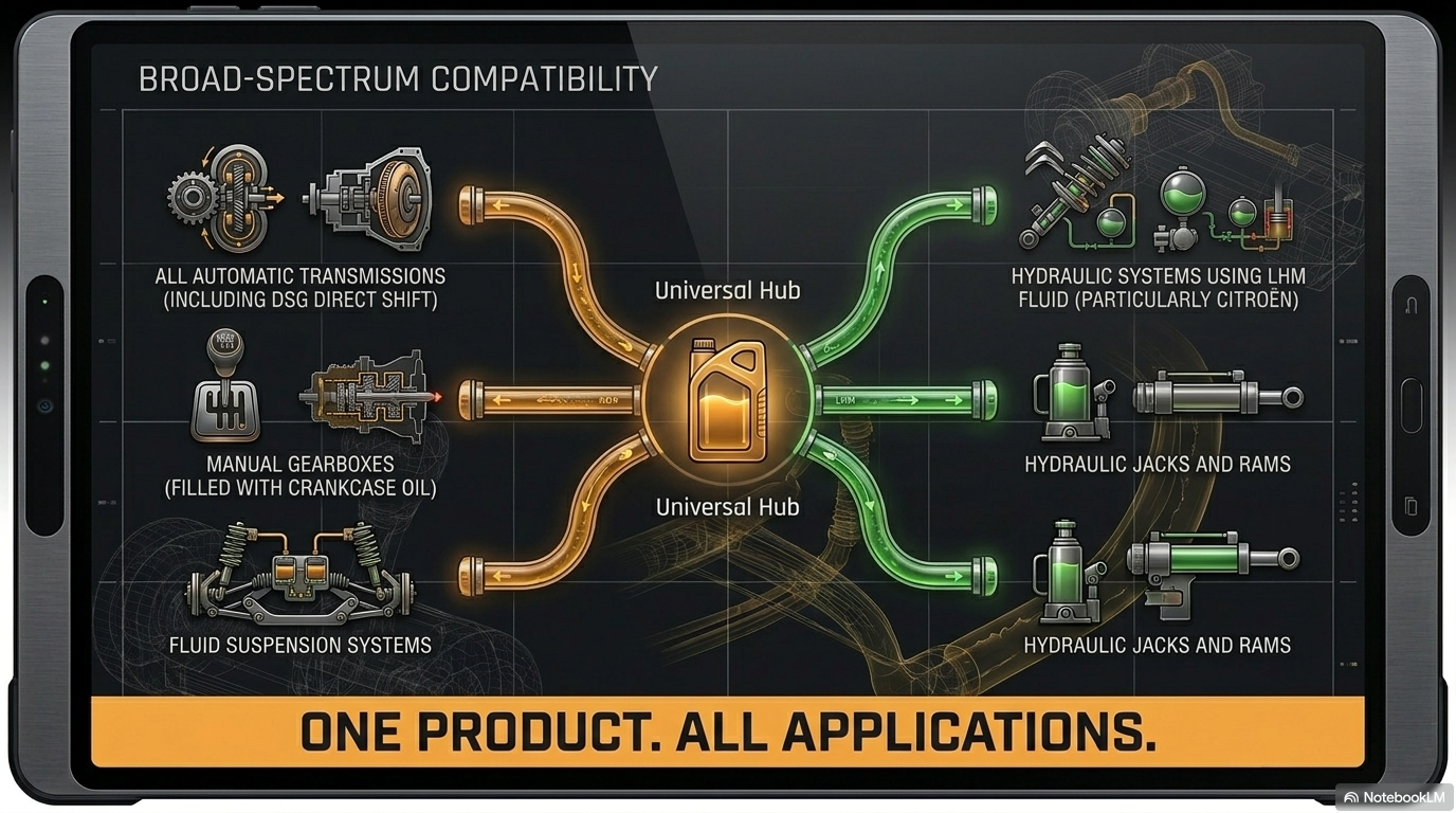 Broad spectrum compatibility — showing all transmission types compatible with Forte Automatic Transmission Treatment including conventional automatics, DSG, Citroën LHM hydraulic systems, manual gearboxes with crankcase oil fill and fluid suspension systems