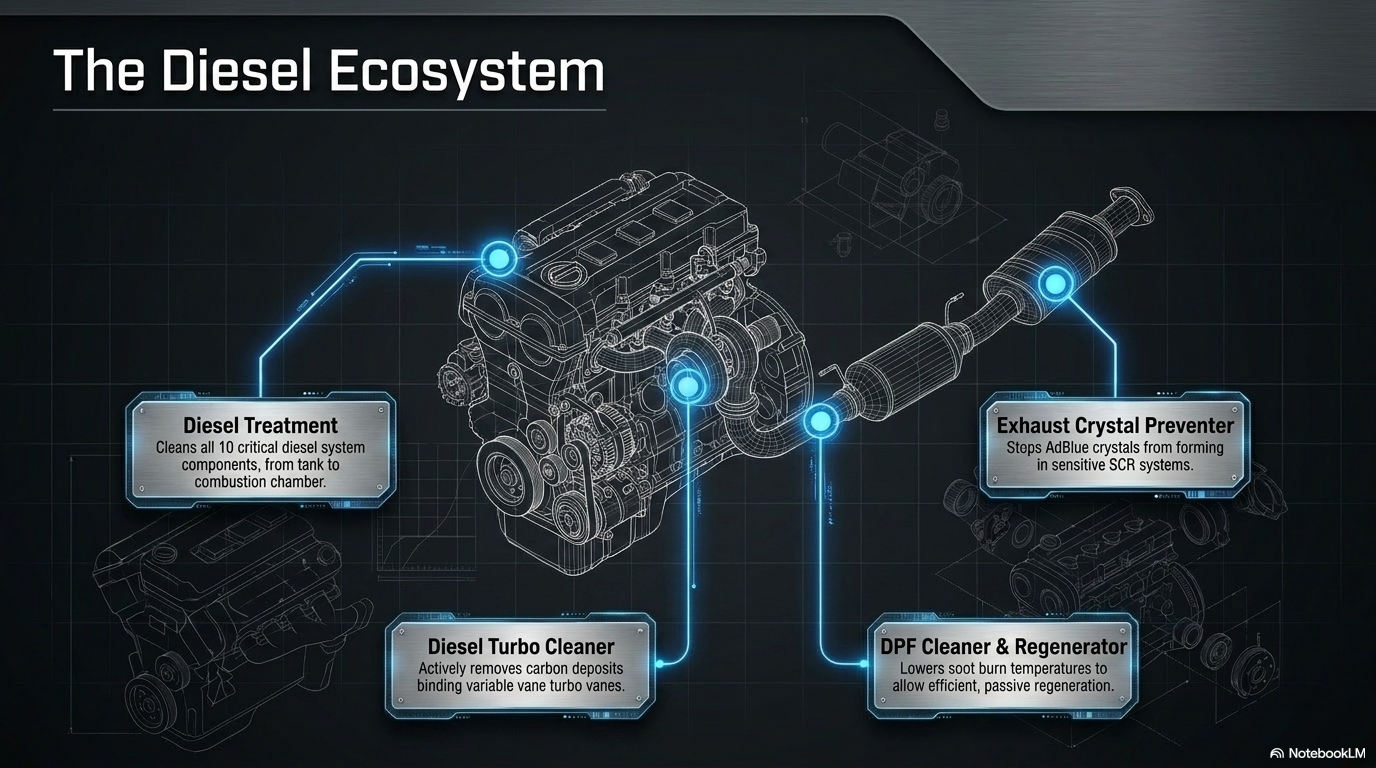 The diesel ecosystem — showing the complete Forte diesel product range including DPF Cleaner, Exhaust Crystal Preventer, Advanced Formula Diesel Treatment, Diesel Turbo Cleaner and Diesel Emissions Reducer