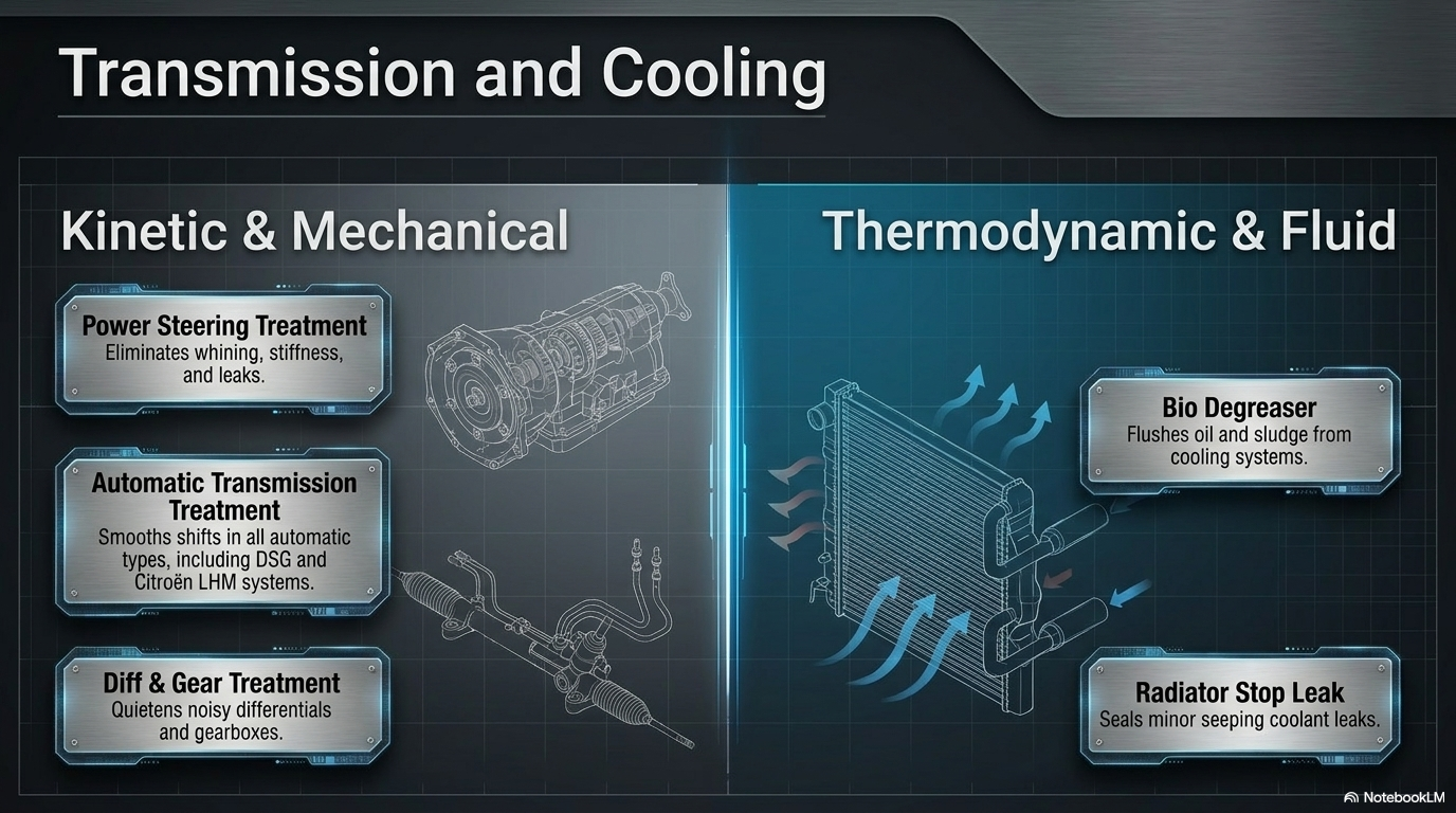 Transmission and cooling — showing the Forte transmission and cooling system product range including Power Steering Treatment, Automatic Transmission Treatment, Diff and Gear Treatment, Bio Degreaser and Radiator Stop Leak