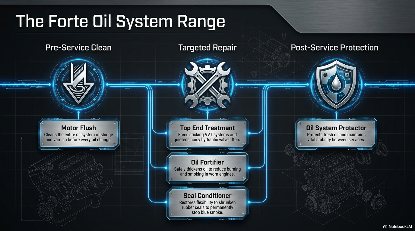 The Forte oil system range — showing all five Forte oil system products including Seal Conditioner, Motor Flush, Oil Fortifier, Top End Treatment and Oil System Protector