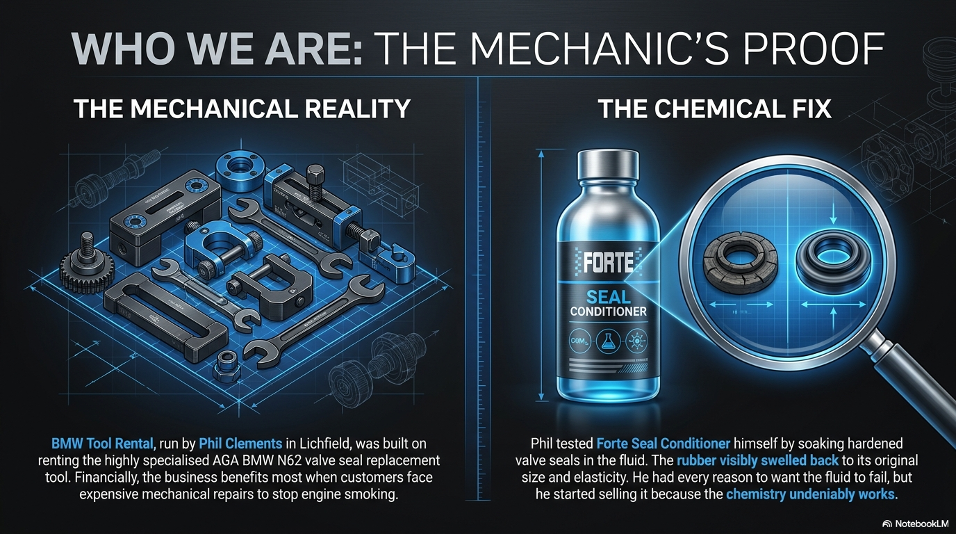 Who we are — the mechanics proof. Phil Clements at BMW Tool Rental, testing and verifying every Forte product before recommending it.