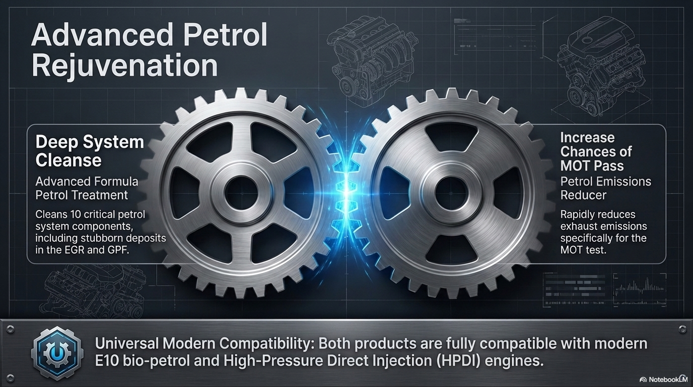 Advanced petrol rejuvenation — showing the Forte petrol product range including Advanced Formula Petrol Treatment and Petrol Emissions Reducer for GDI and modern petrol engines