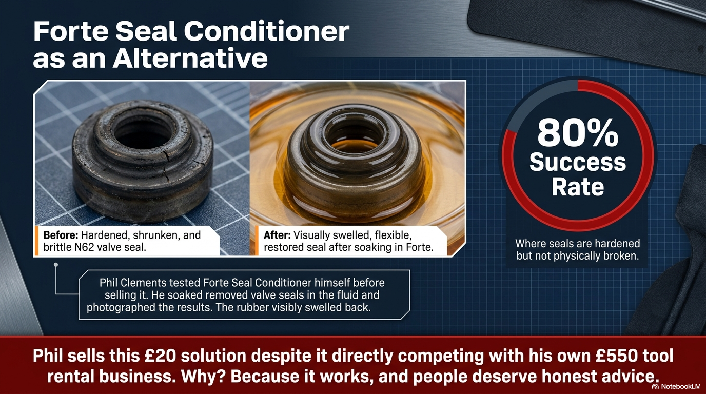 Forte Seal Conditioner as an alternative to valve seal replacement — showing how the chemical treatment restores hardened valve stem seals without any mechanical work
