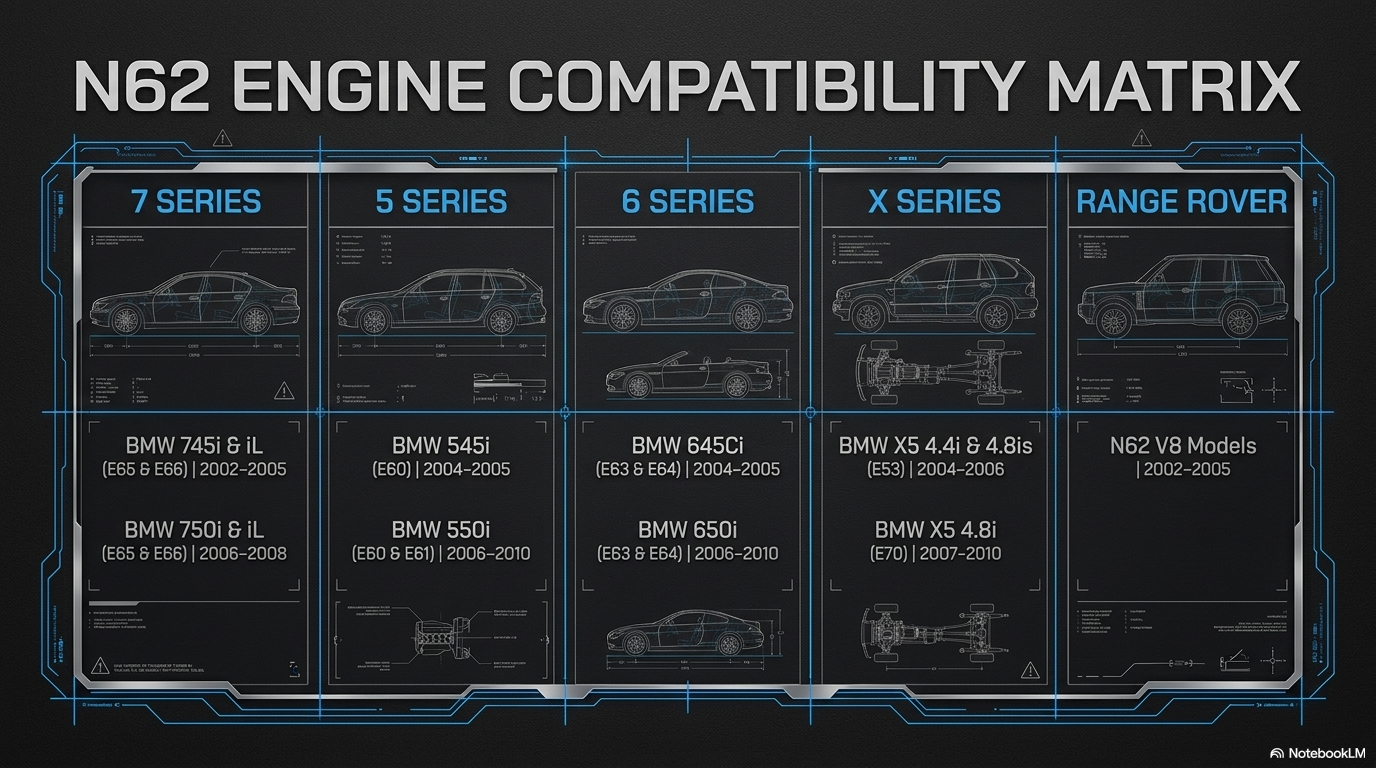BMW N62 engine compatibility matrix — showing all compatible BMW models including 7 Series E65 E66, 5 Series E60 E61, 6 Series E63 E64, X5 E53 E70 and Range Rover