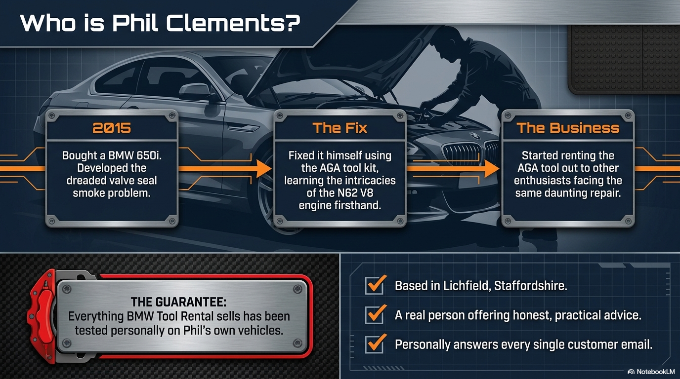 Who is Phil Clements — owner of BMW Tool Rental in Lichfield Staffordshire, who bought his own BMW 650i in 2015, fixed the valve seal problem himself with the AGA tool kit and now rents it to other BMW owners