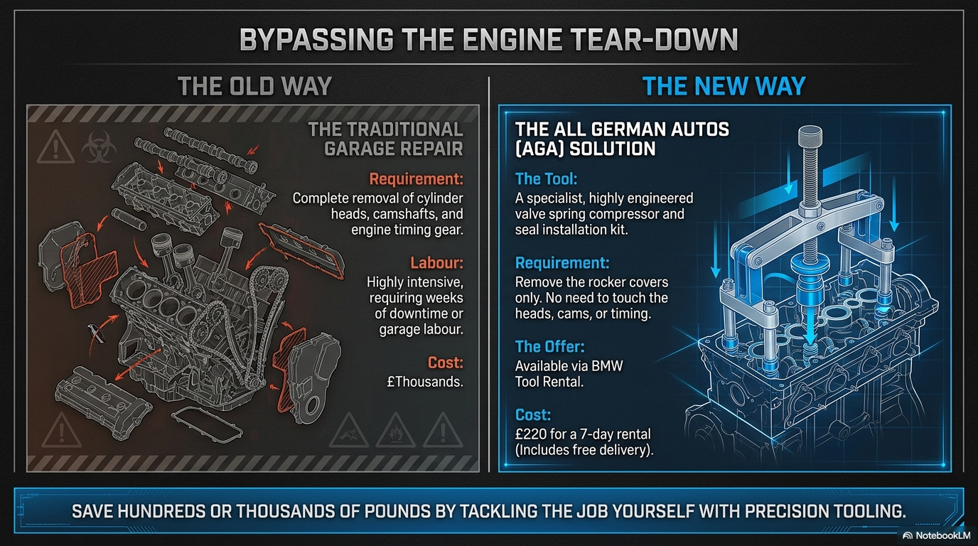 Bypassing the engine tear-down — showing how the AGA valve seal replacement tool kit allows BMW N62 valve seals to be replaced without removing the cylinder heads, cams or timing