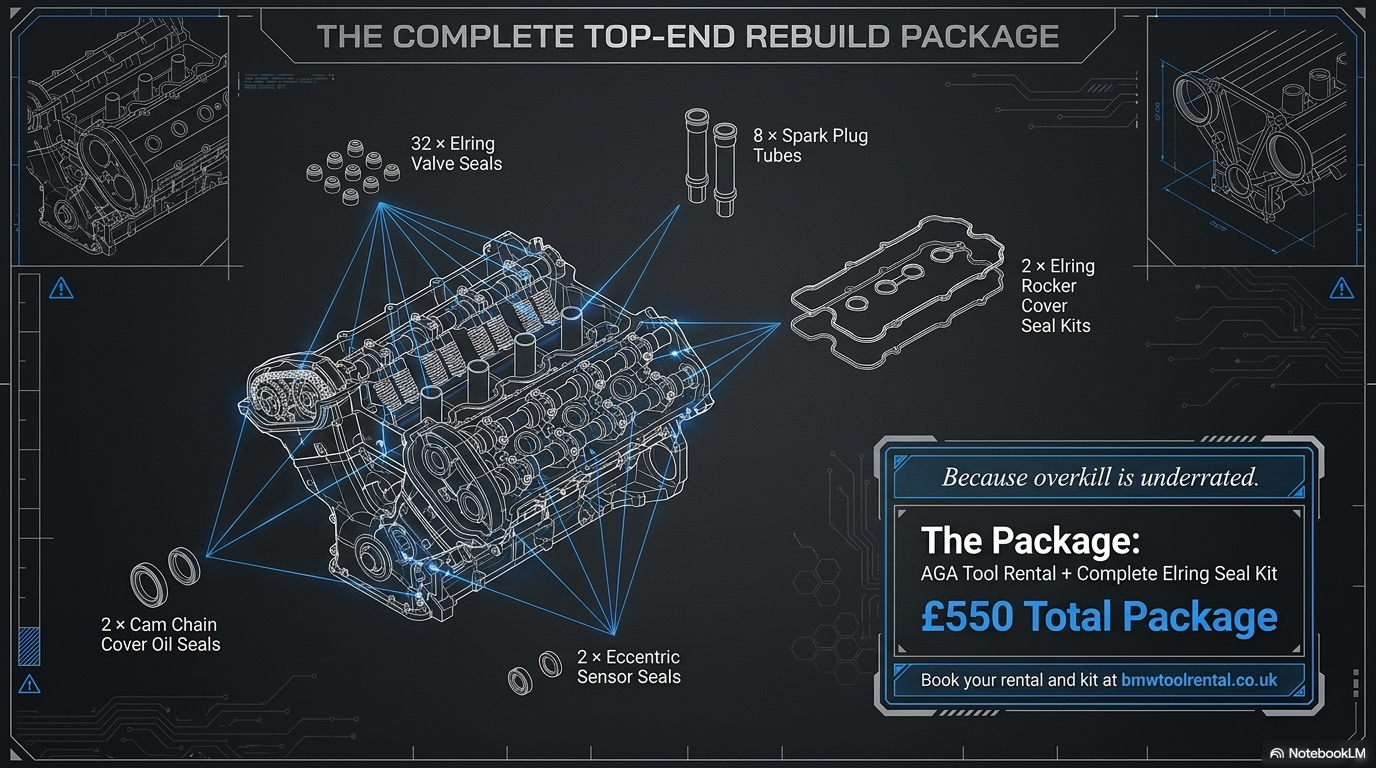 The complete top end rebuild package — showing all the Elring seals and gaskets included in the complete BMW N62 valve seal replacement kit including valve seals, rocker cover seal kits, cam chain cover oil seals, eccentric sensor seals and spark plug tubes