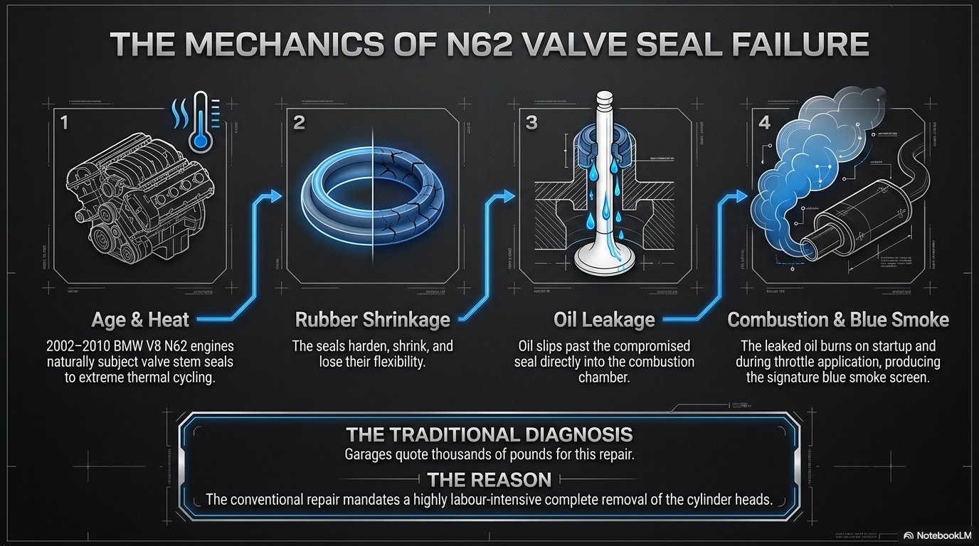The mechanics of BMW N62 valve seal failure — showing how the valve stem seals harden and shrink with age causing oil to leak into the combustion chamber producing blue exhaust smoke