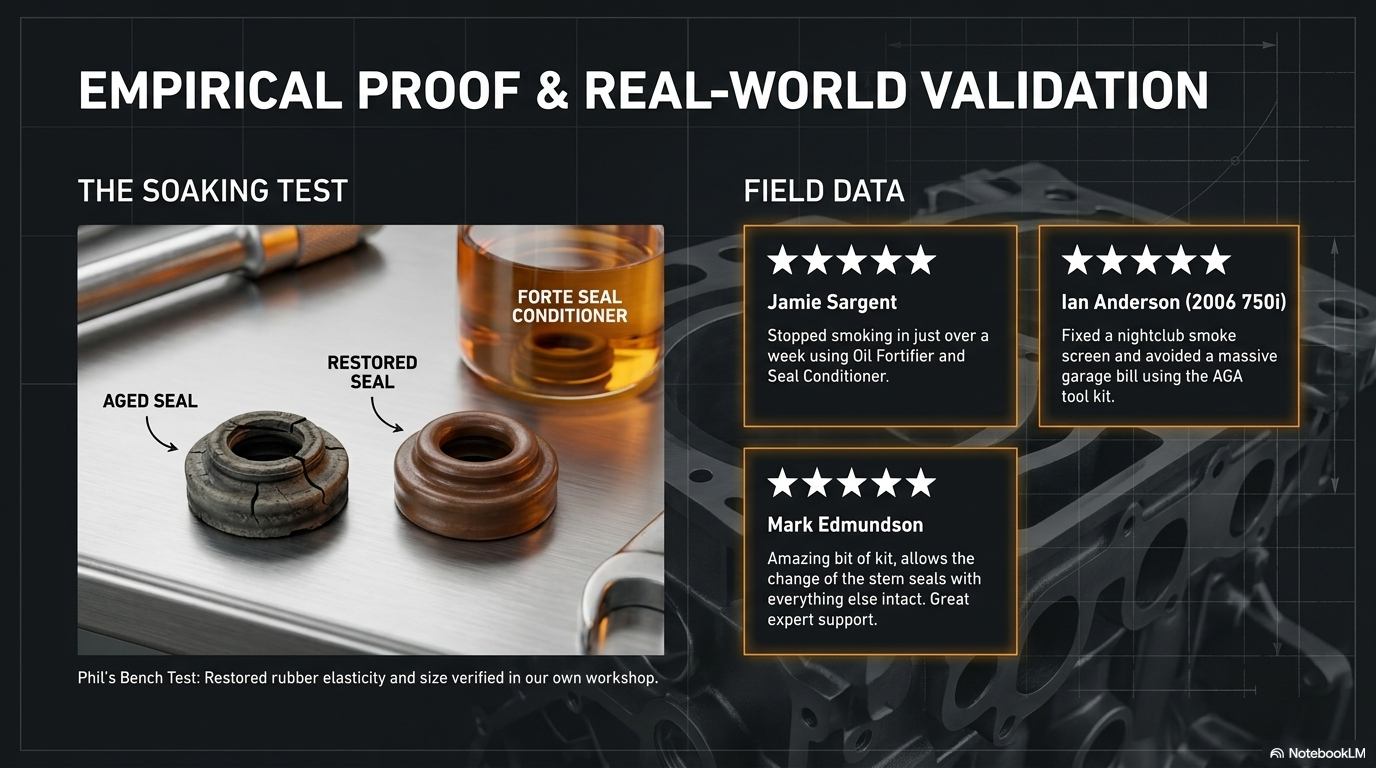 Empirical proof and real world validation — showing Phil's documented test results of Forte Seal Conditioner on BMW valve seals, with photographic evidence of the seals swelling back towards their original size
