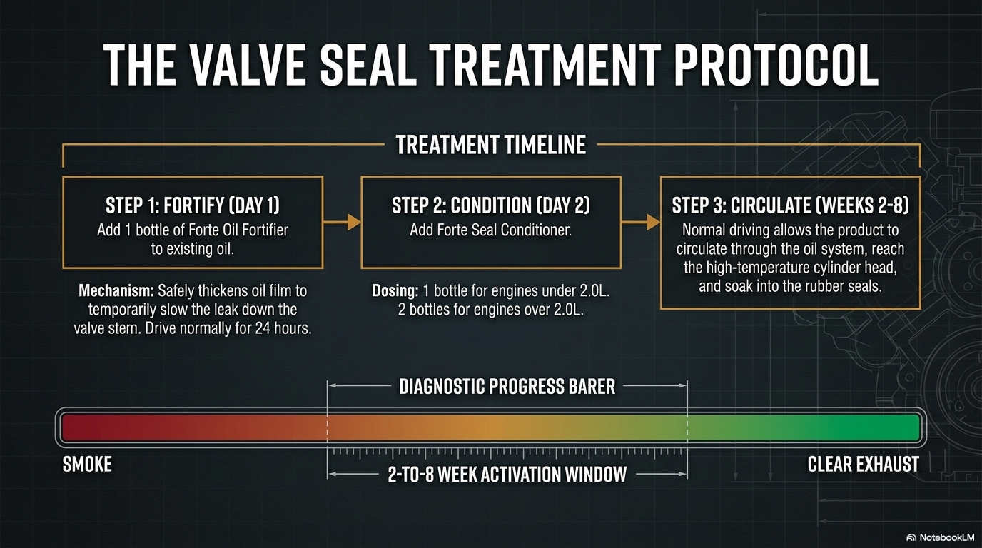 The valve seal treatment protocol — showing the correct approach for both the chemical Forte Seal Conditioner route and the mechanical AGA tool kit route for BMW N62 valve seal replacement