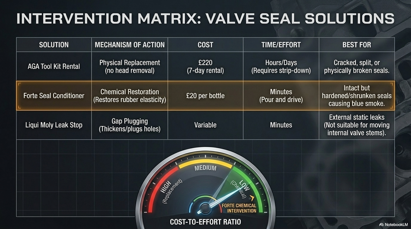 Intervention matrix valve seal solutions — showing the decision matrix between the AGA tool kit mechanical approach and the Forte Seal Conditioner chemical approach depending on the severity and nature of the valve seal problem