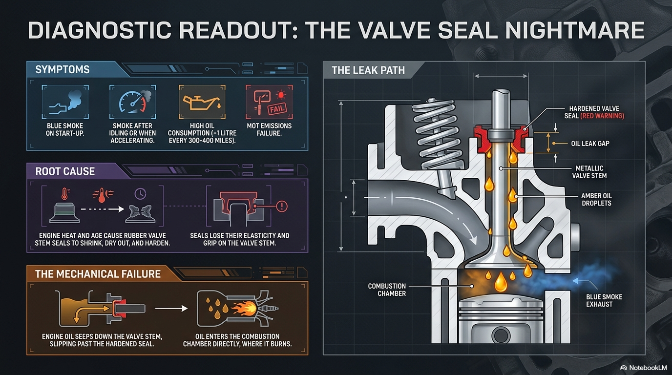Diagnostic readout the valve seal nightmare — showing the problem BMW N62 owners face with valve seal failure and the cost of conventional garage repair versus the AGA tool kit approach