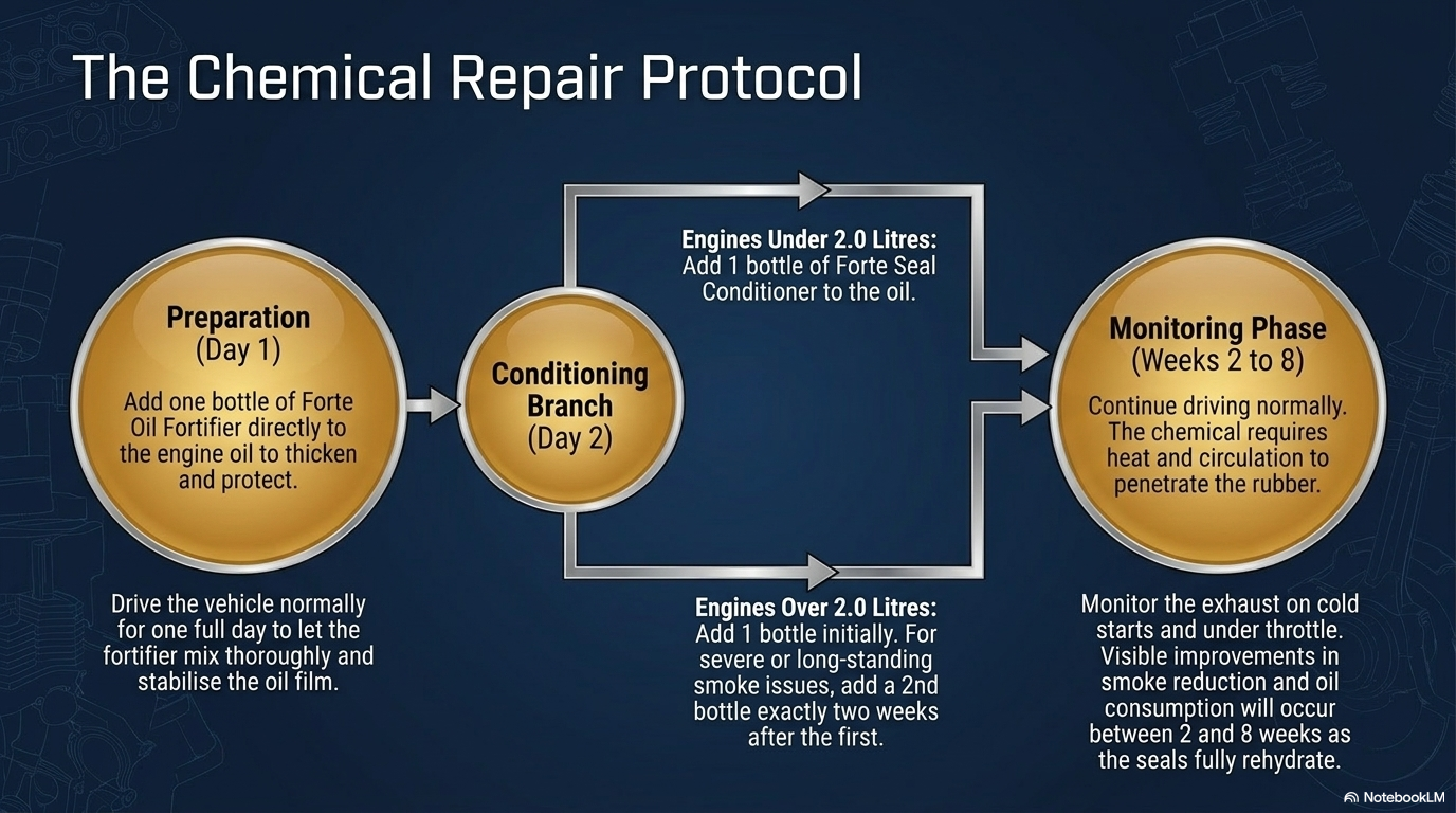 The chemical repair protocol — the correct sequence for using Forte Seal Conditioner with Forte Oil Fortifier
