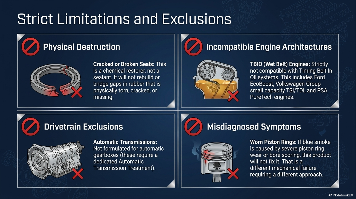 Strict limitations and exclusions — what Forte Seal Conditioner cannot fix including physically broken seals, TBIO wet belt engines and piston ring smoke