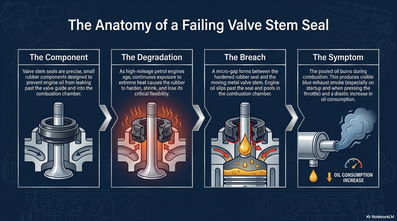 The anatomy of a failing valve stem seal — showing how hardened and shrunken valve stem seals allow oil to leak past them into the combustion chamber where it burns producing blue exhaust smoke