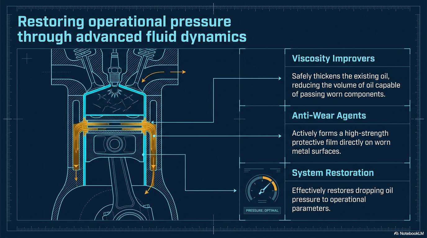 Restoring operational pressure through advanced fluid dynamics — showing how Forte Oil Fortifier's viscosity improvers thicken the engine oil to reduce oil passing worn clearances and restore oil pressure