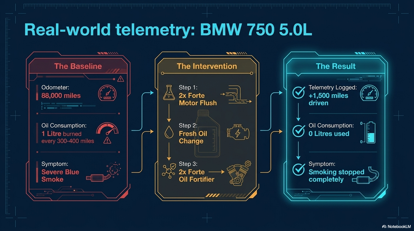 Real world telemetry BMW 750 5.0L — showing the case study of a BMW 750 with 88000 miles burning 1 litre of oil every 300-400 miles resolved by two Forte Engine Flush treatments followed by two bottles of Forte Oil Fortifier resulting in smoking stopping completely after 1500 miles