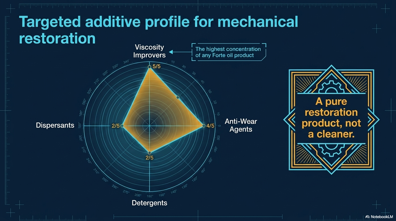 Targeted additive profile for mechanical restoration — showing the Forte Oil Fortifier additive profile with viscosity improvers 5 out of 5 the highest of any Forte oil product compared with Forte Oil System Protector designed for healthy engines