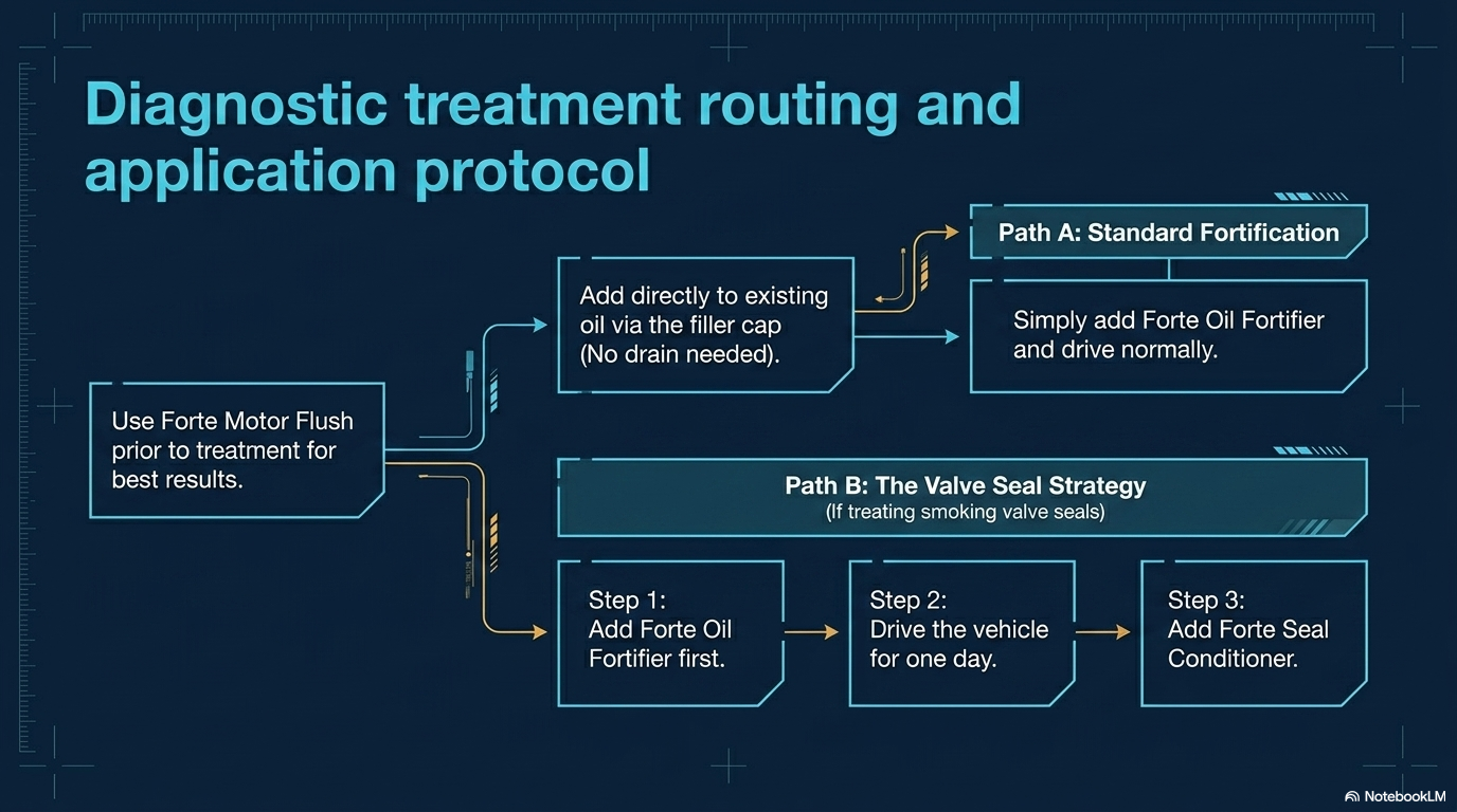 Diagnostic treatment routing and application protocol — showing when to use Forte Oil Fortifier and the correct sequence including using Forte Engine Flush first and adding Oil Fortifier before Forte Seal Conditioner if treating valve seals