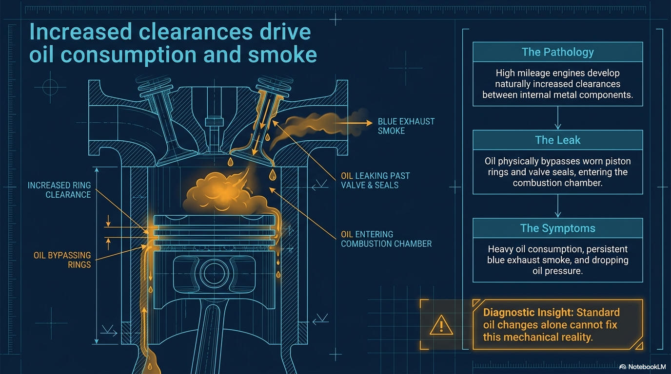 Increased clearances drive oil consumption and smoke — showing how worn engine clearances between piston rings and cylinder walls allow oil to bypass into the combustion chamber causing blue smoke and oil consumption