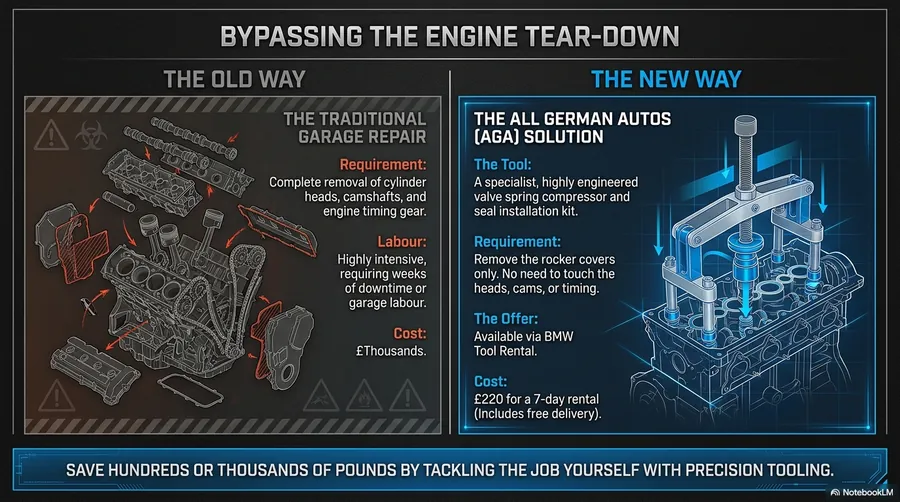 Bypassing the engine tear-down — showing how the AGA valve seal replacement tool kit allows BMW N62 valve seals to be replaced without removing the cylinder heads, cams or timing