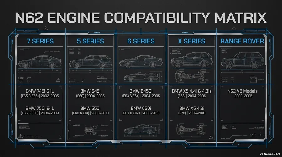 BMW N62 engine compatibility matrix — showing all compatible BMW models including 7 Series E65 E66, 5 Series E60 E61, 6 Series E63 E64, X5 E53 E70 and Range Rover