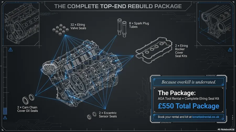 The complete top end rebuild package — showing all the Elring seals and gaskets included in the complete BMW N62 valve seal replacement kit including valve seals, rocker cover seal kits, cam chain cover oil seals, eccentric sensor seals and spark plug tubes
