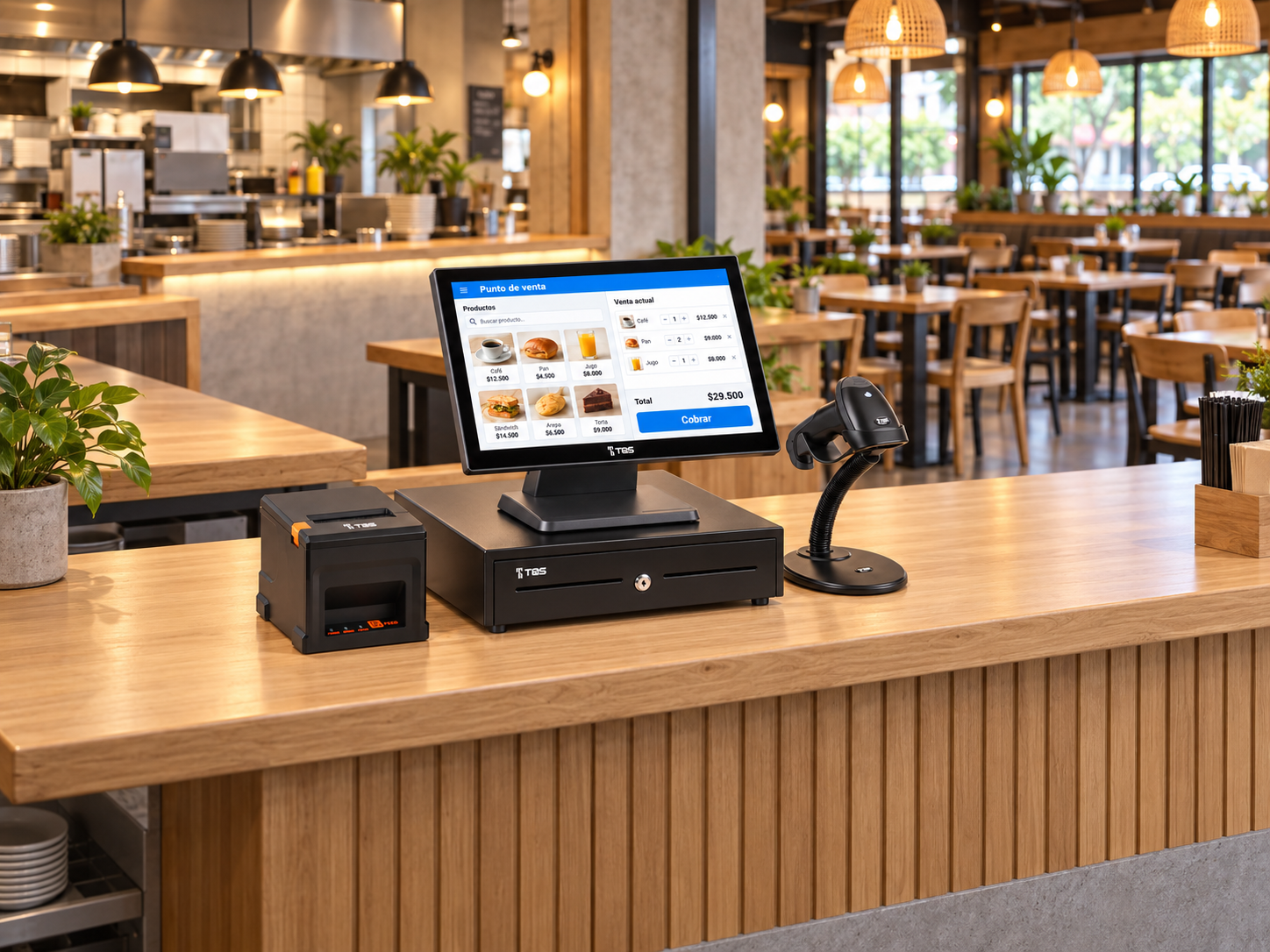 Combo POS T&S instalado en la caja de un restaurante