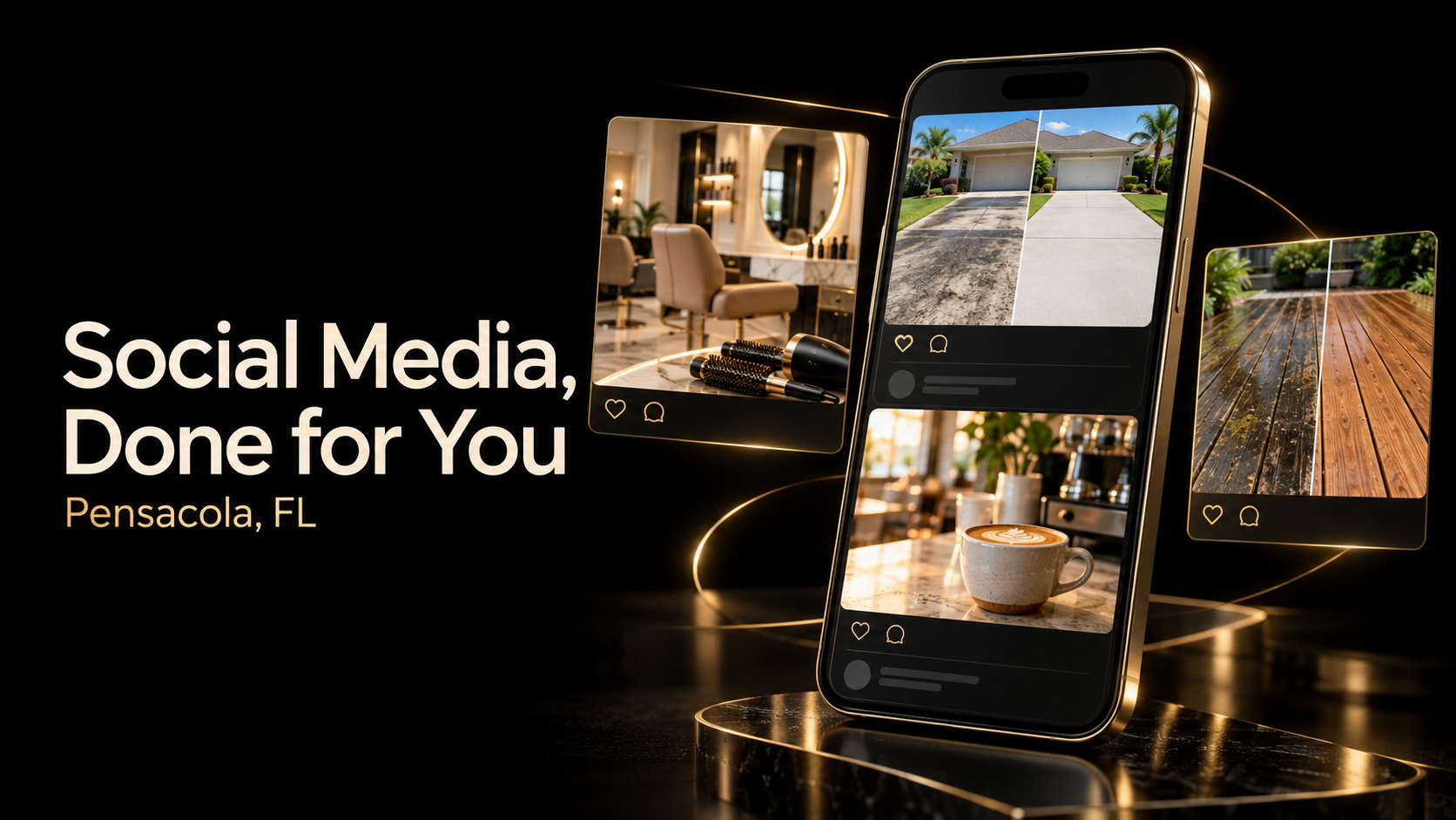 Phone showing before-and-after social media posts for local Pensacola businesses