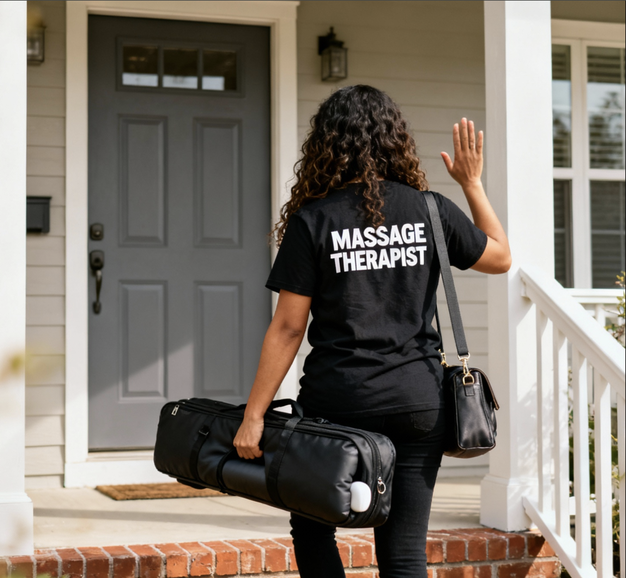 Massage Therapist approaching porch on house