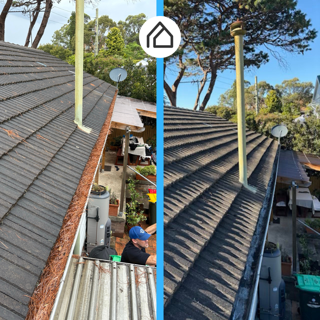Before and after gutter vacuum cleaning on a Sydney home