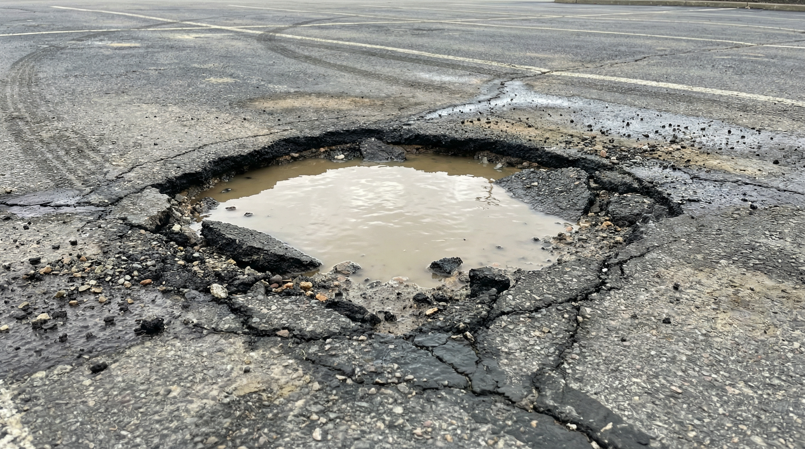 Fresh pothole in commercial parking lot with visible water damage and cracked edges Fresh pothole in commercial parking lot with visible water damage and cracked edges