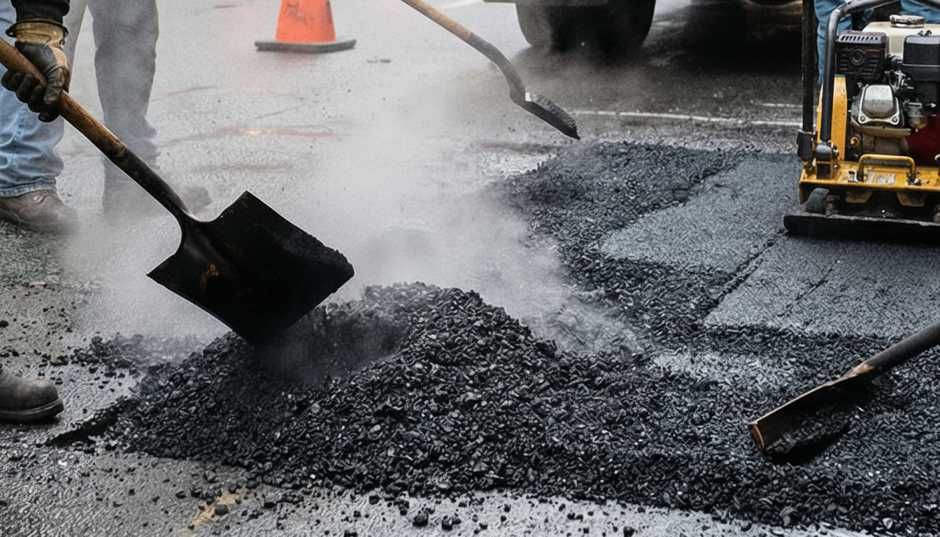 Asphalt crew performing emergency pothole repair with equipment Asphalt crew performing emergency pothole repair with equipment