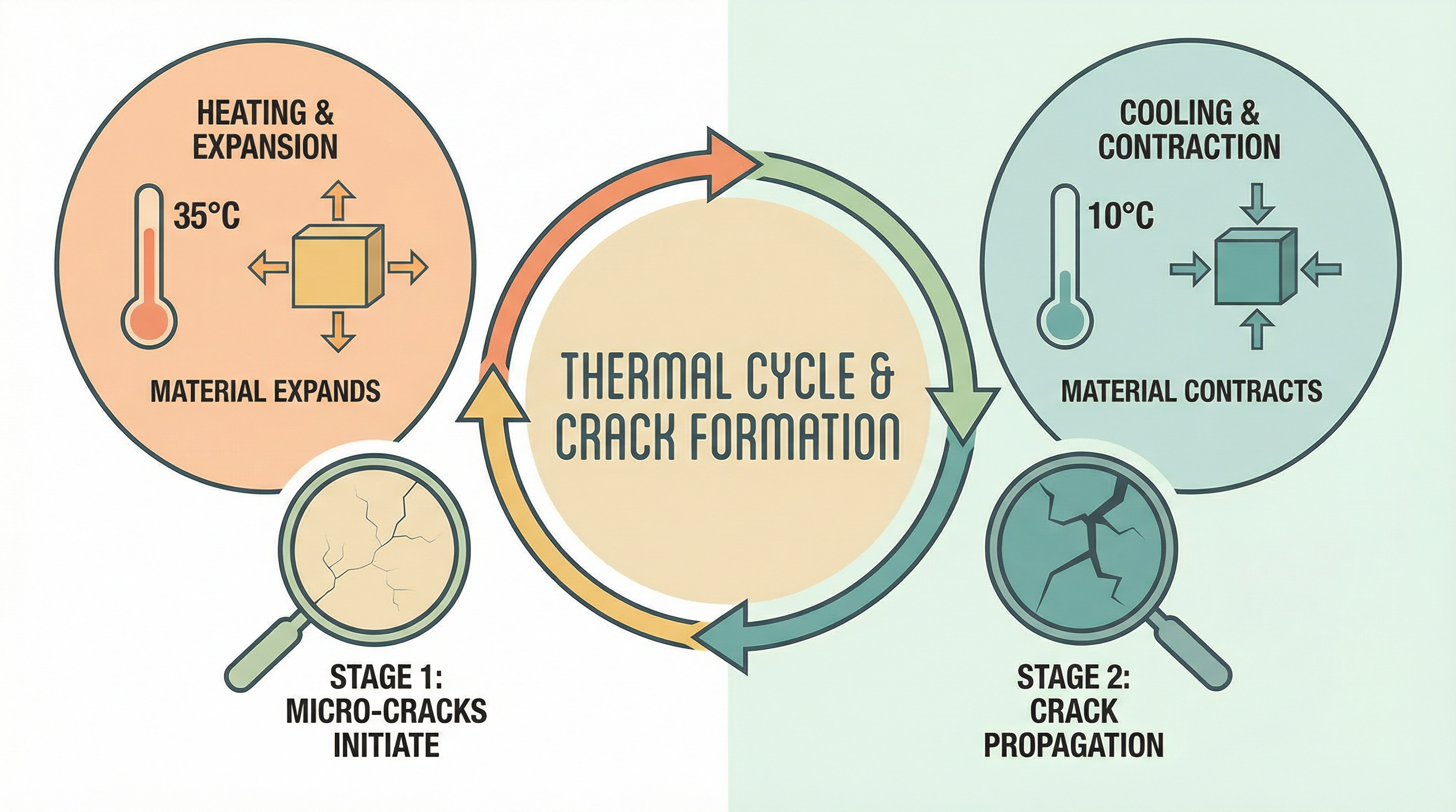 Visual diagram showing thermal expansion/contraction cycle with temperature readings and crack formation stages