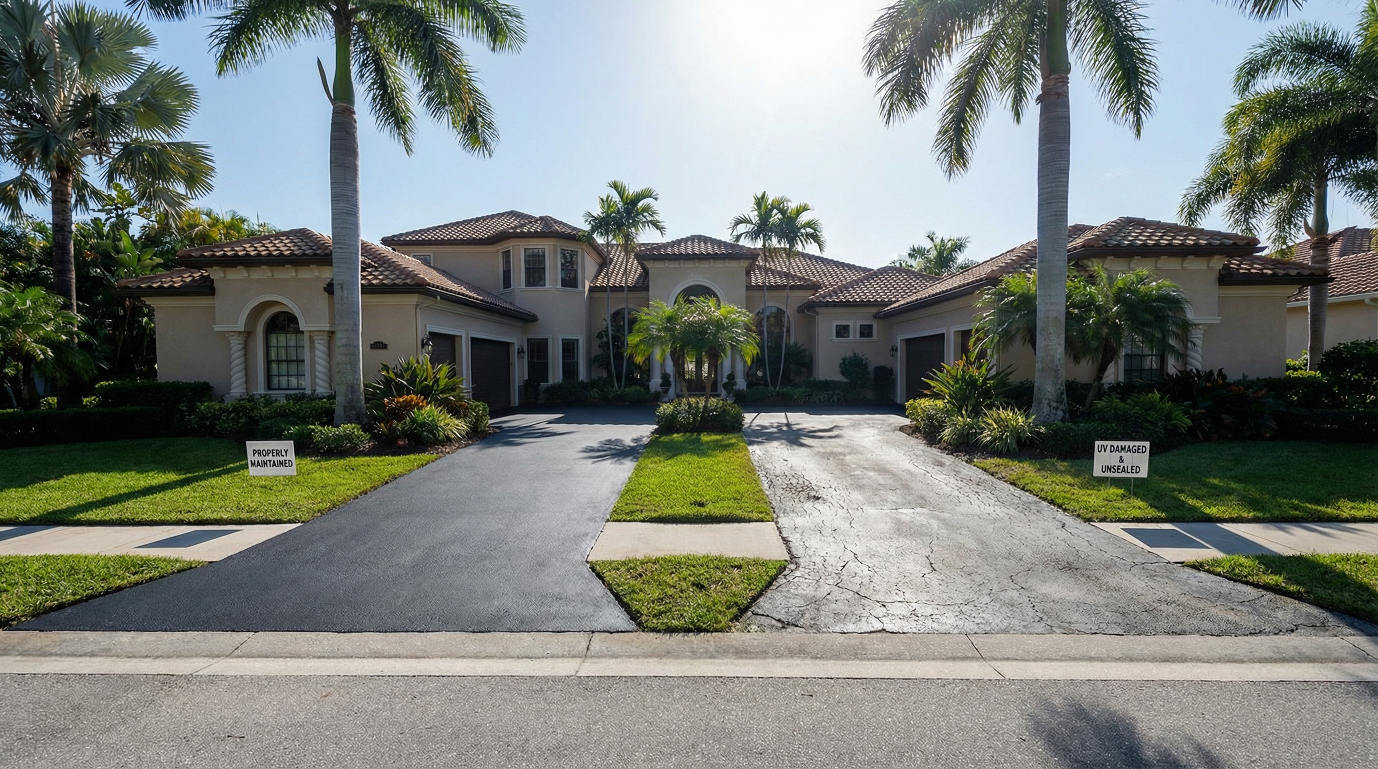 "Comparison of well-maintained versus UV-damaged asphalt driveways in Sarasota showing the difference proper maintenance makes" "Comparison of well-maintained versus UV-damaged asphalt driveways in Sarasota showing the difference proper maintenance makes"
