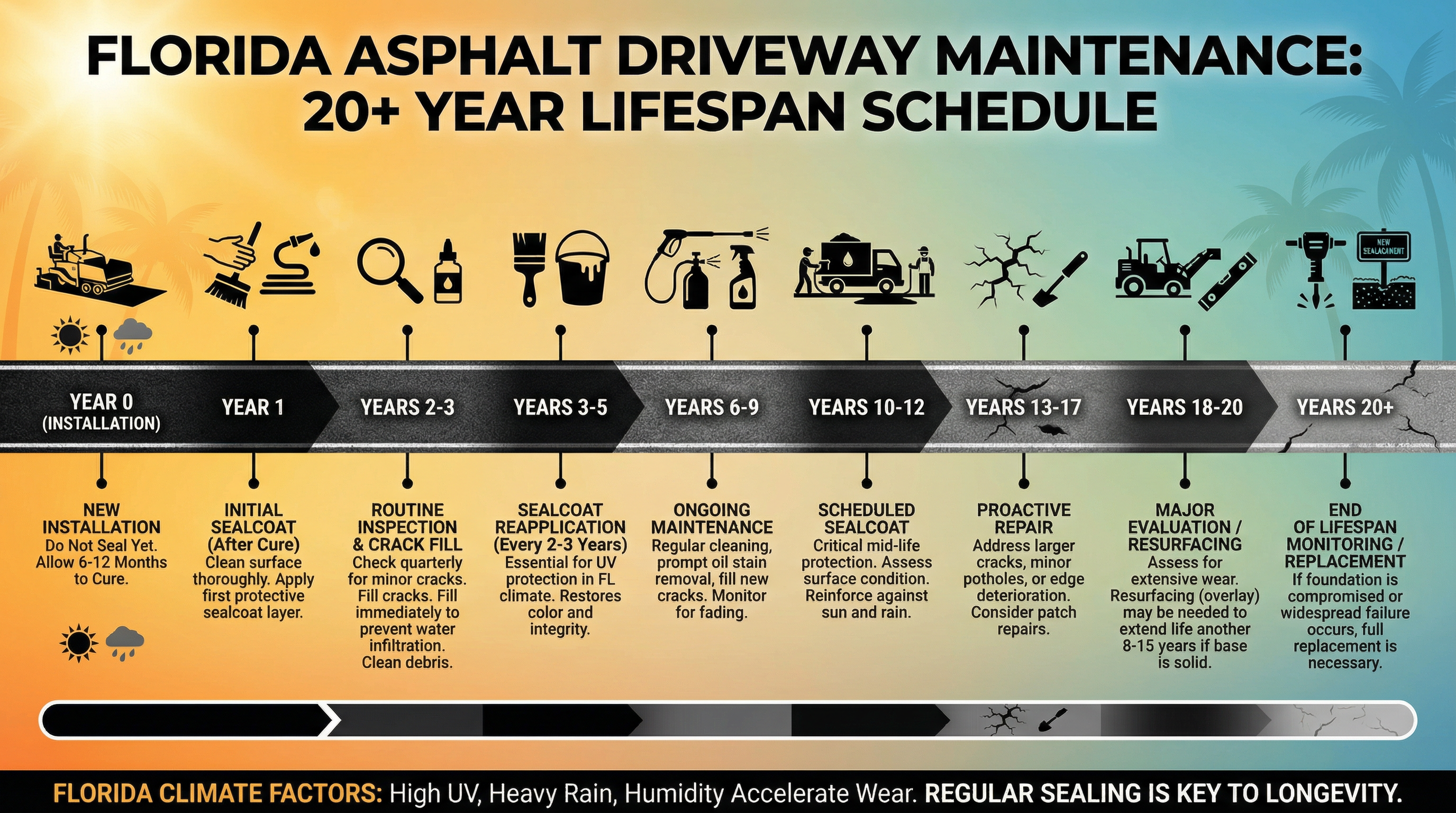 "Timeline infographic showing asphalt driveway maintenance schedule for 20+ year lifespan in Florida" "Timeline infographic showing asphalt driveway maintenance schedule for 20+ year lifespan in Florida"