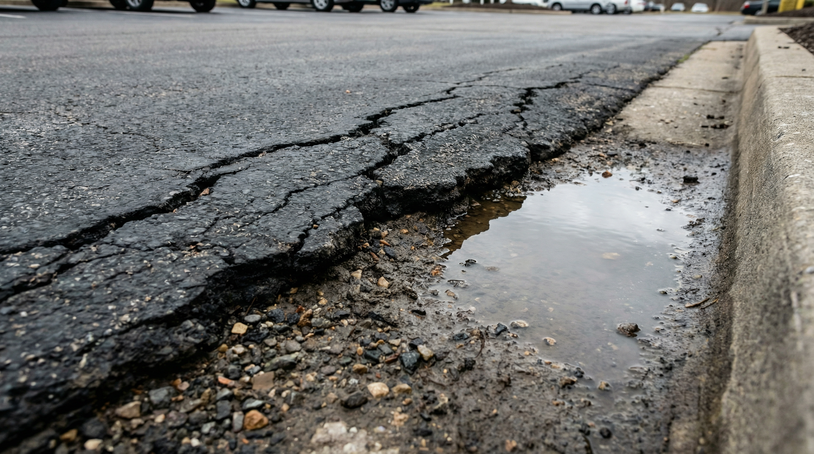 Close-up of edge cracking along a commercial parking lot border with visible water damage and base deterioration Close-up of edge cracking along a commercial parking lot border with visible water damage and base deterioration