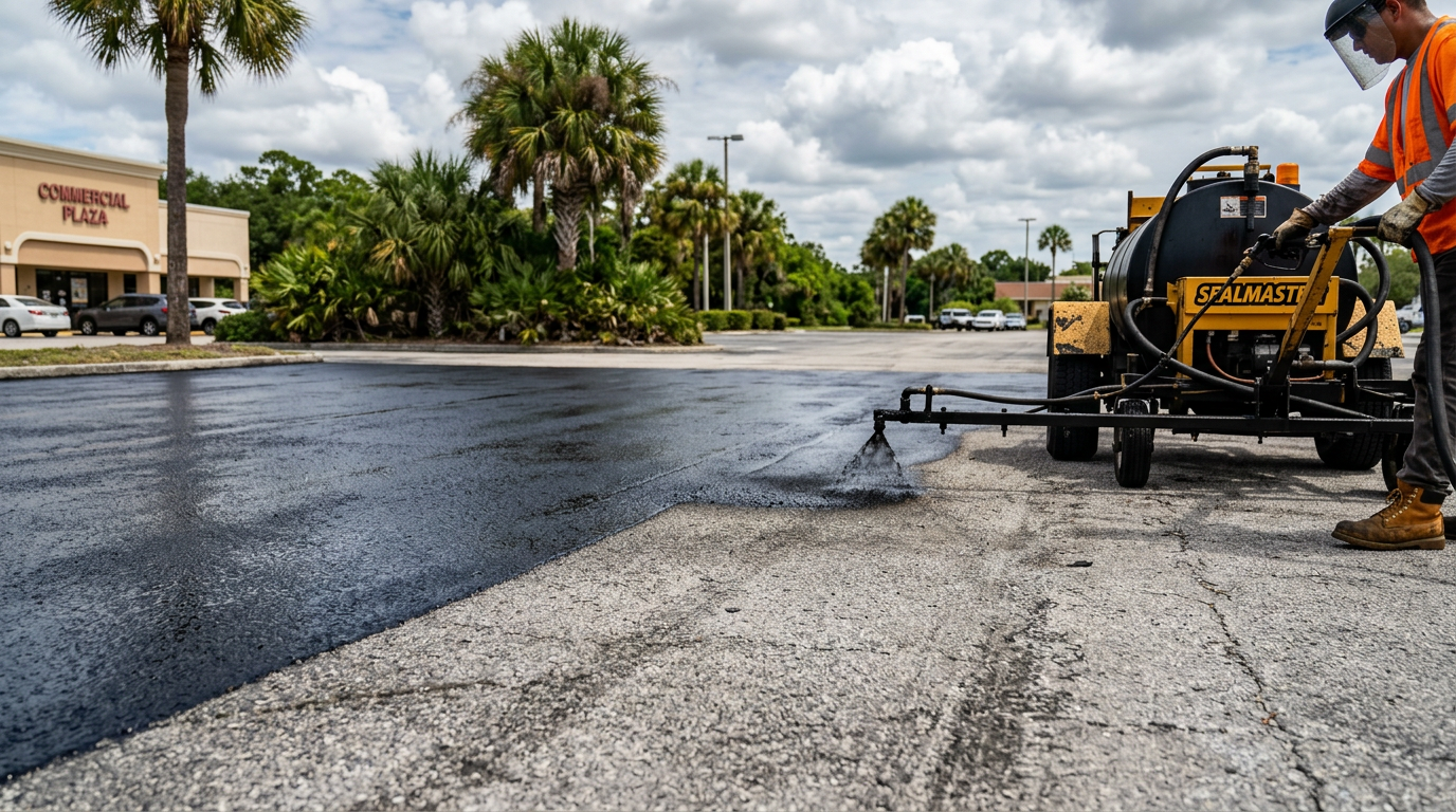 Asphalt Paving crew applying sealcoat to commercial parking lot on Florida’s Nature Coast Asphalt Paving crew applying sealcoat to commercial parking lot on Florida’s Nature Coast