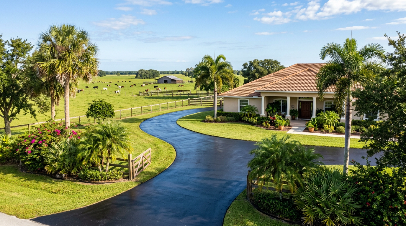 A pristine black asphalt driveway curves toward a well-maintained Florida ranch home, with the freshly sealed surface gleaming under bright morning sunlight. Palm trees and native Florida vegetation frame the property, while cattle pastures stretch into the distance, showcasing the agricultural character of DeSoto County.