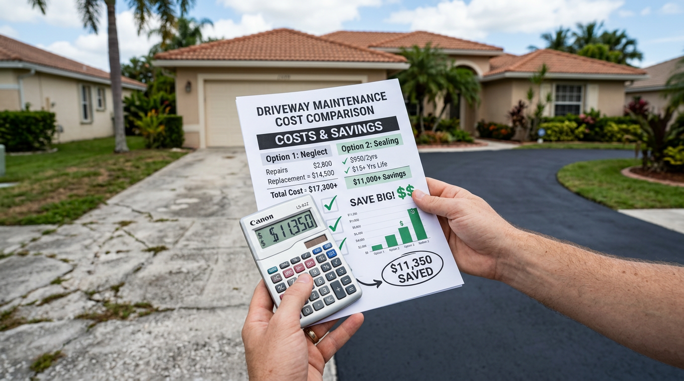 Cost comparison showing sealcoating ROI and savings for Florida property owners