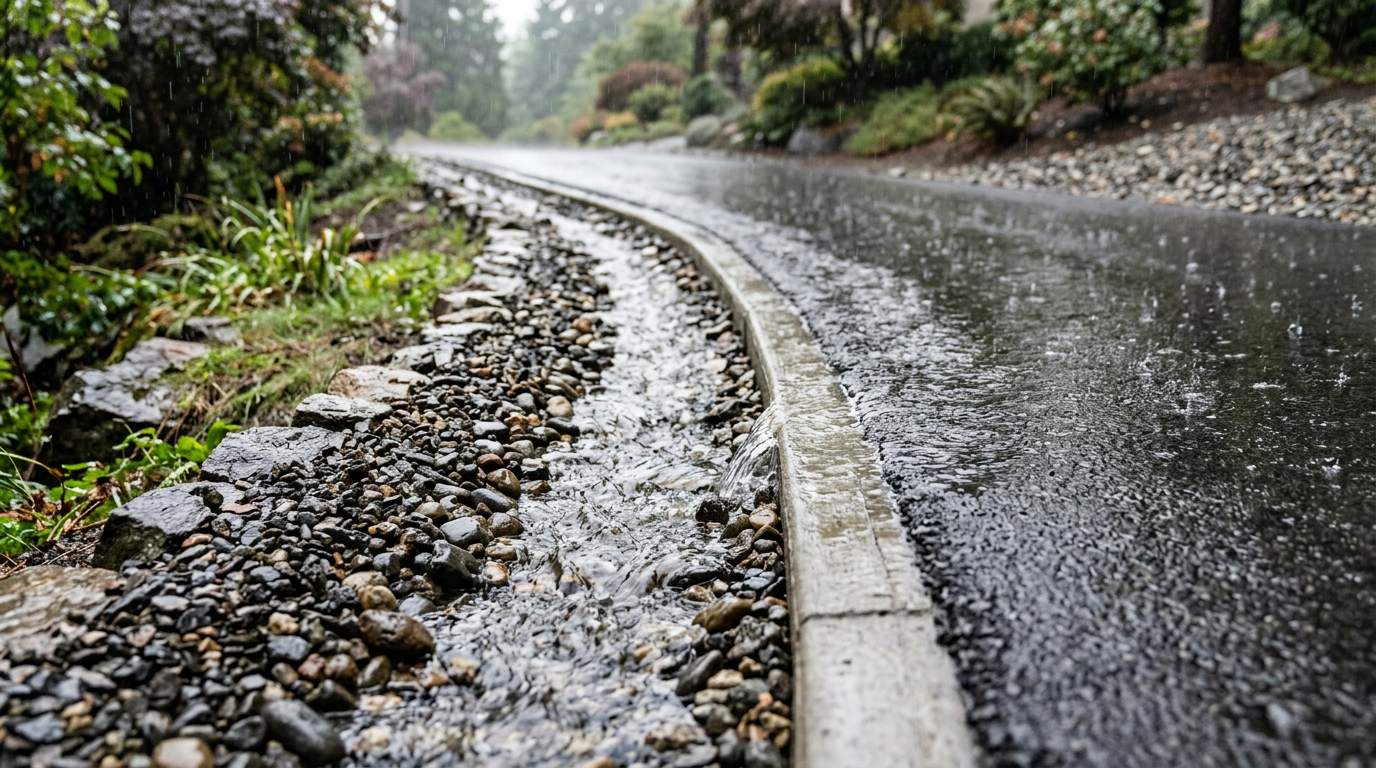 Drainage channel detail showing proper water management for steep driveway construction