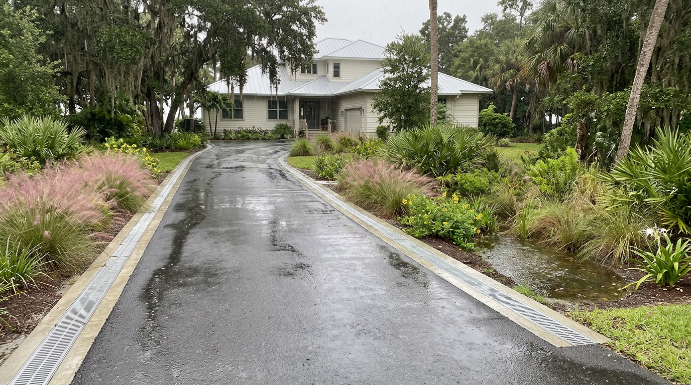 Properly drained asphalt driveway in Crystal River showing effective water management during rainfall