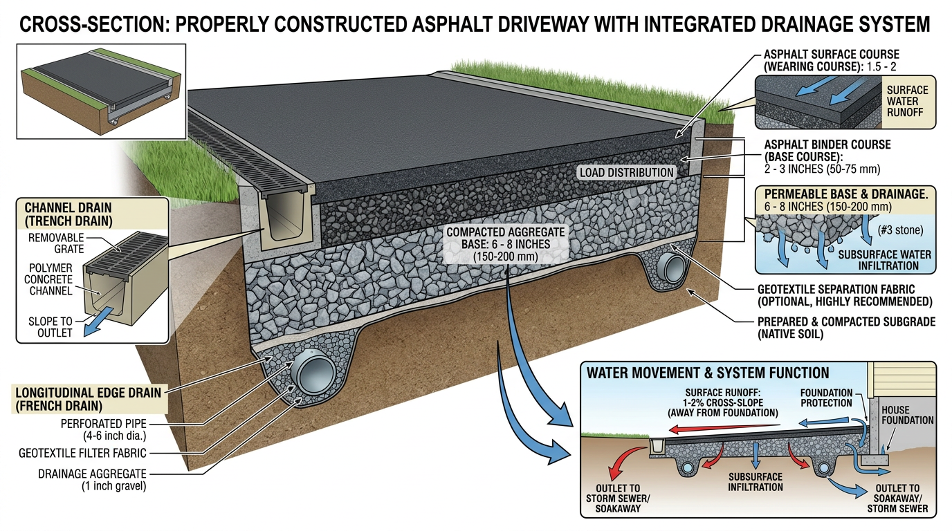 Cross-section diagram showing proper driveway drainage construction for Crystal River homes