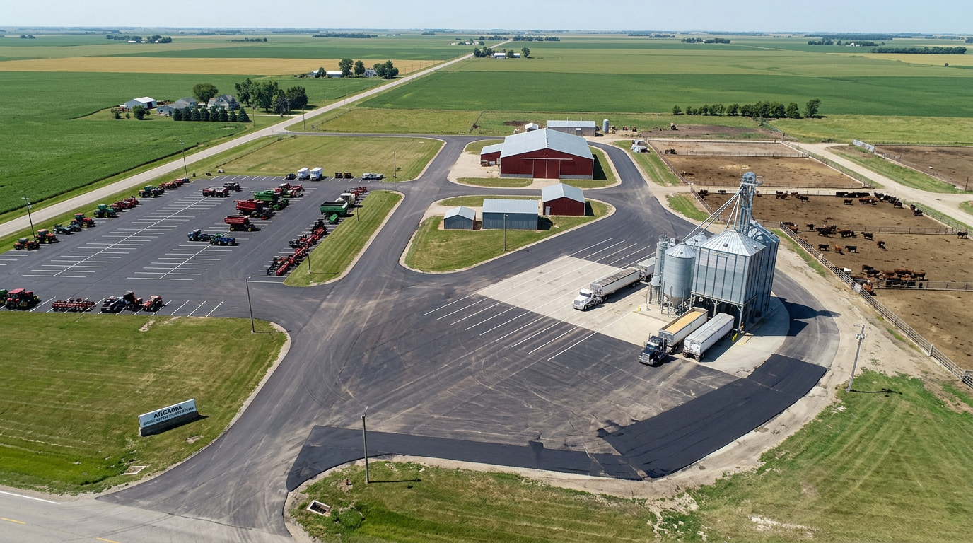 Aerial view of Arcadia agricultural facility showing diverse asphalt maintenance needs Aerial view of Arcadia agricultural facility showing diverse asphalt maintenance needs
